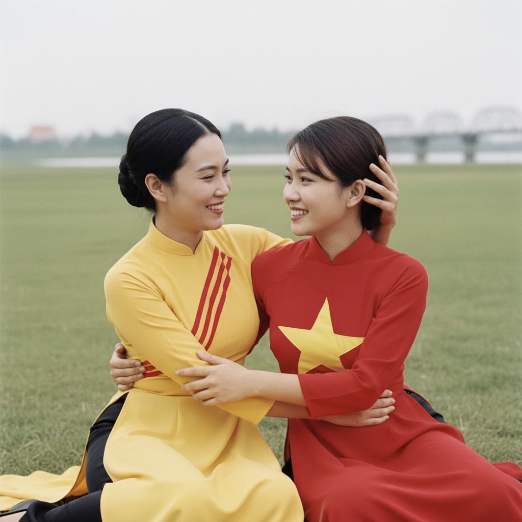 잔디밭에 함께 앉아 있는 두 젊은 베트남 자매