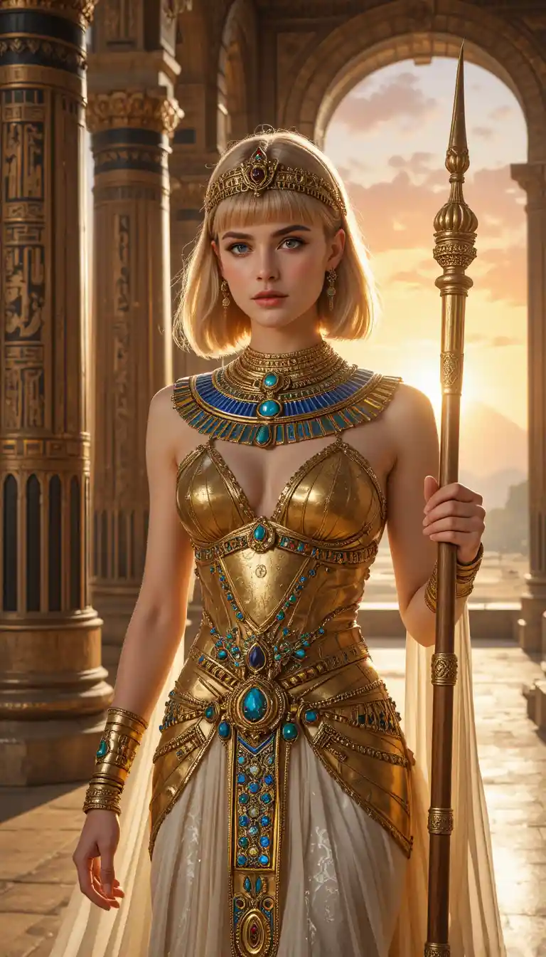 Golden queen in an ancient Egyptian palace interior