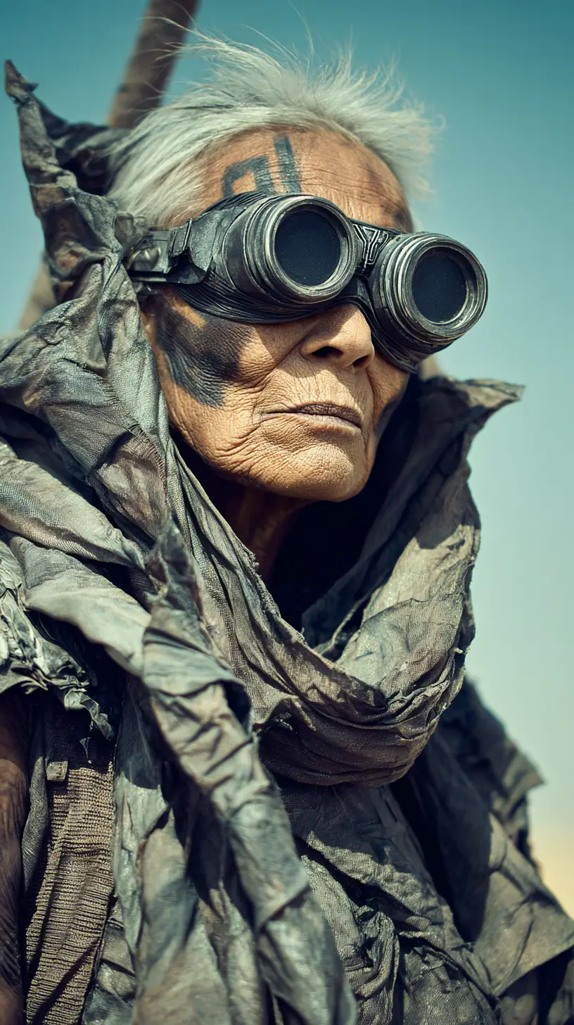 Old woman in sci fi mask standing in apocalyptic desert