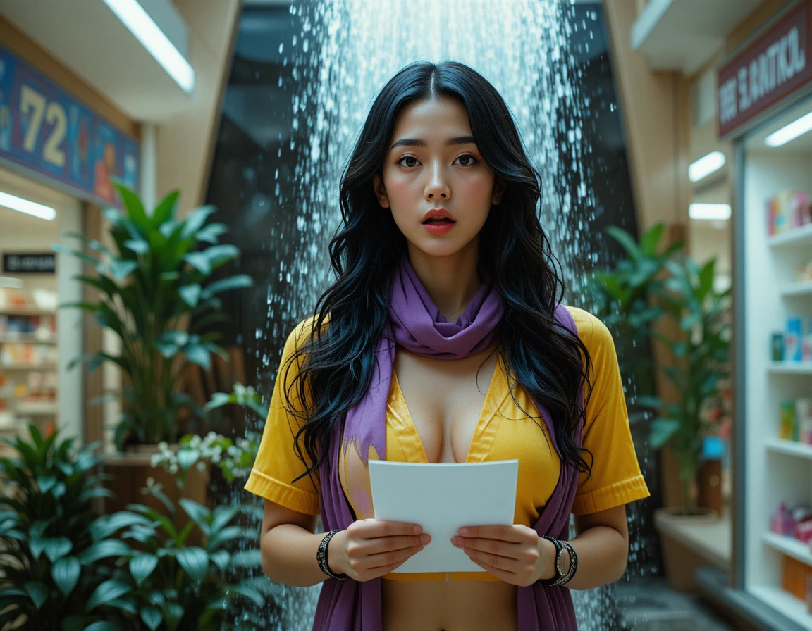 Surprised woman holding paper in bright shopping mall