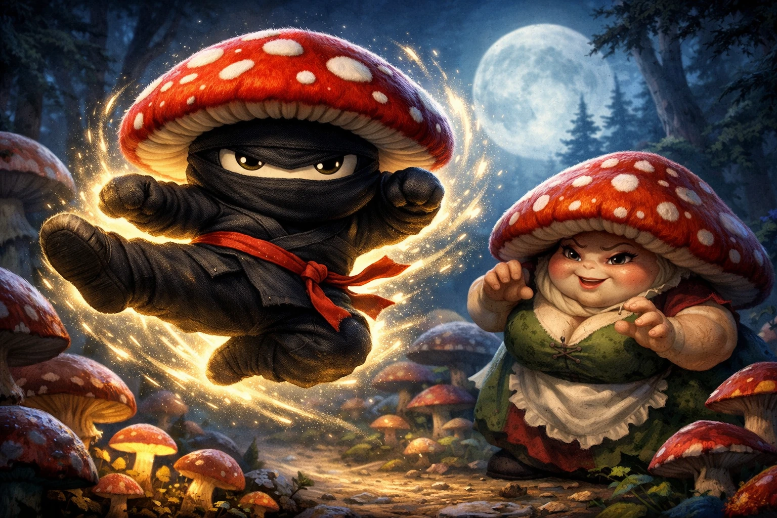 Fliegender Tritt des Pilz-Ninjas unter dem leuchtenden Mond