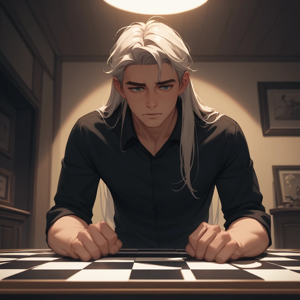 Man sitting at chessboard under dim ceiling light