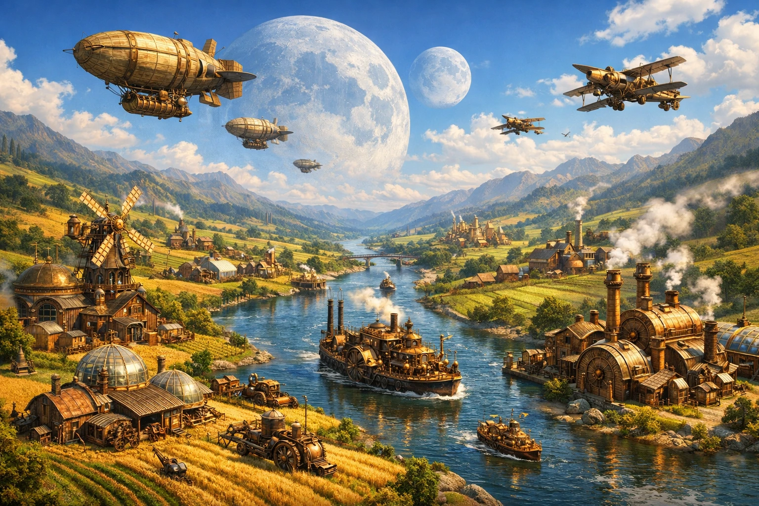Valle steampunk con aeronavi sopra un fiume illuminato dal sole