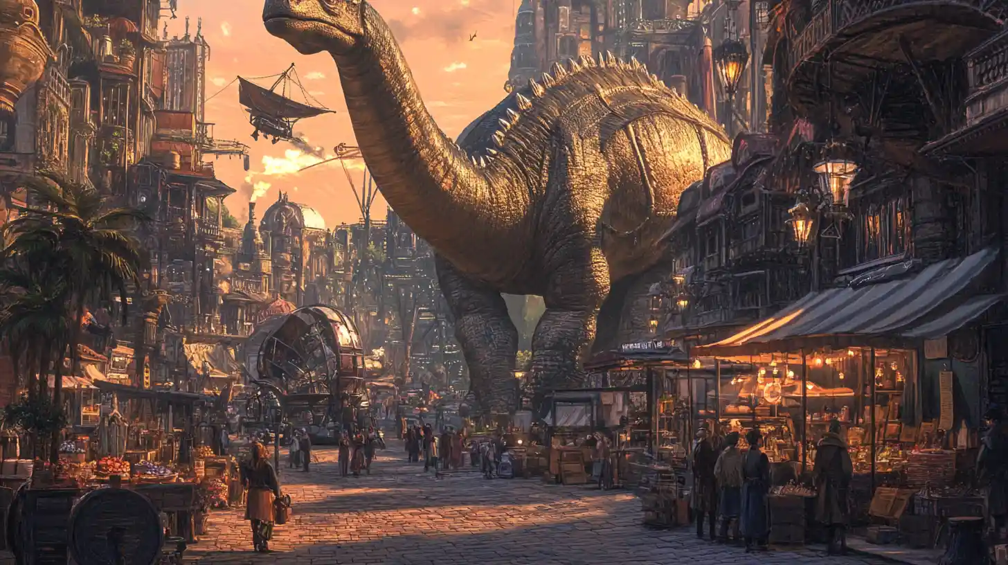 Whimsical steampunk city built on gentle dinosaur giants