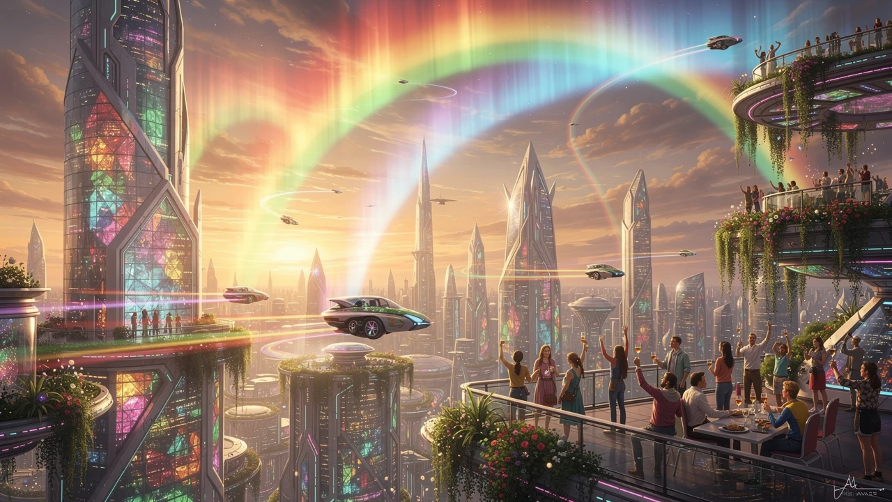 Skyline futuristica arcobaleno al tramonto dorato e luminoso