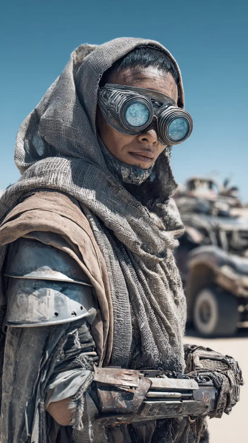 Old woman in desert wearing mask and space goggles