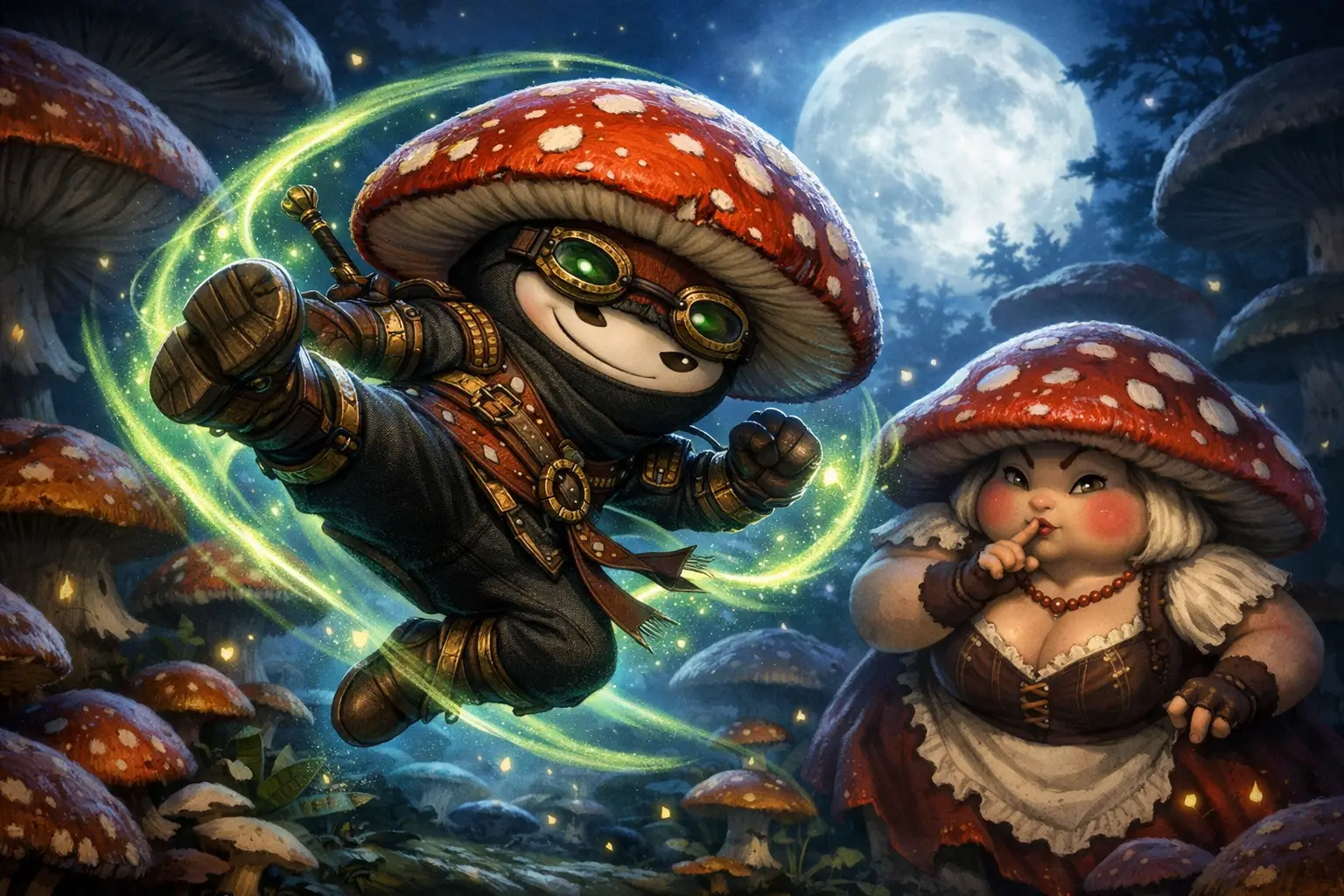 Steampunk mushroom ninja flipping through a moonlit garden