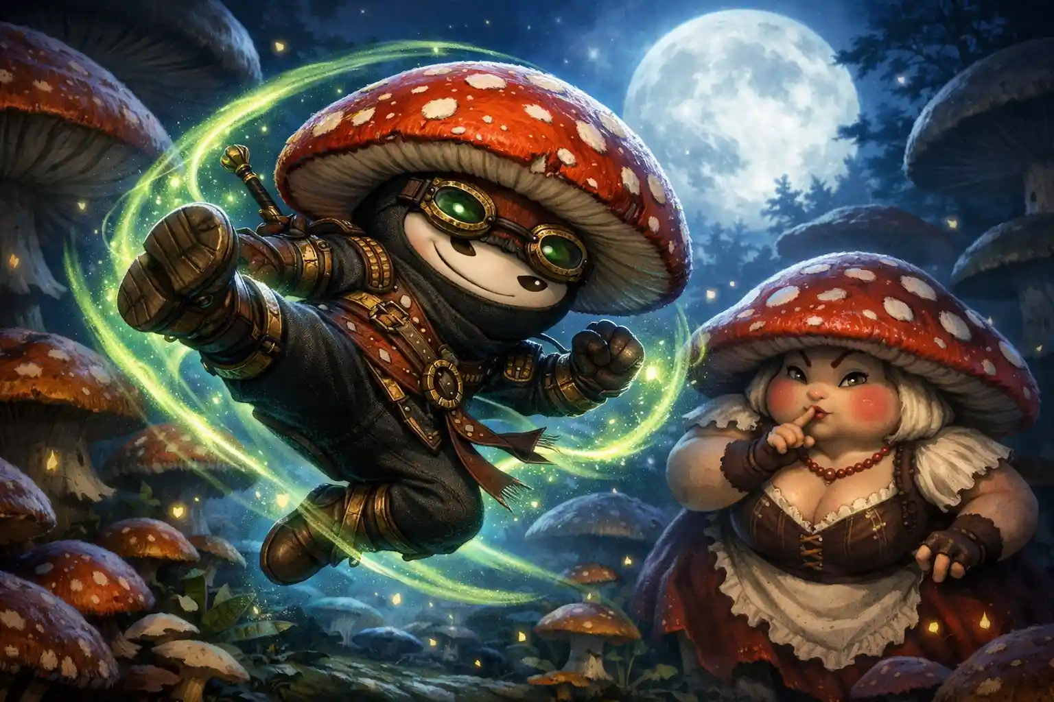 Steampunk-Pilz-Ninja im Mondschein-Garten