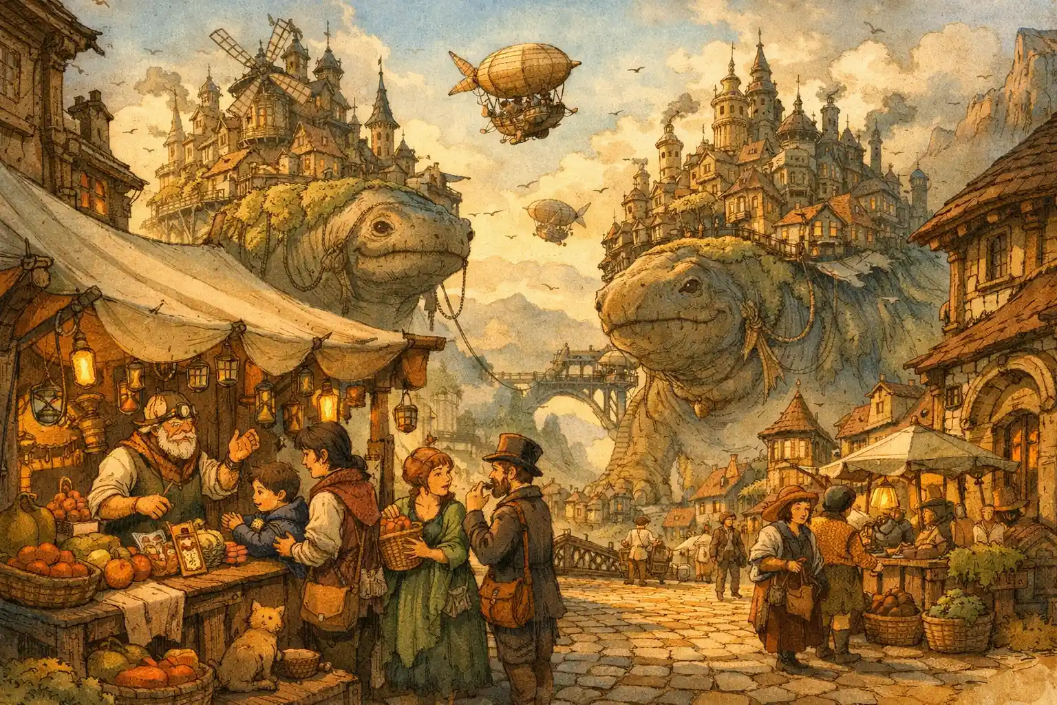 Ville fantastique fantaisiste construite sur le dos de géants