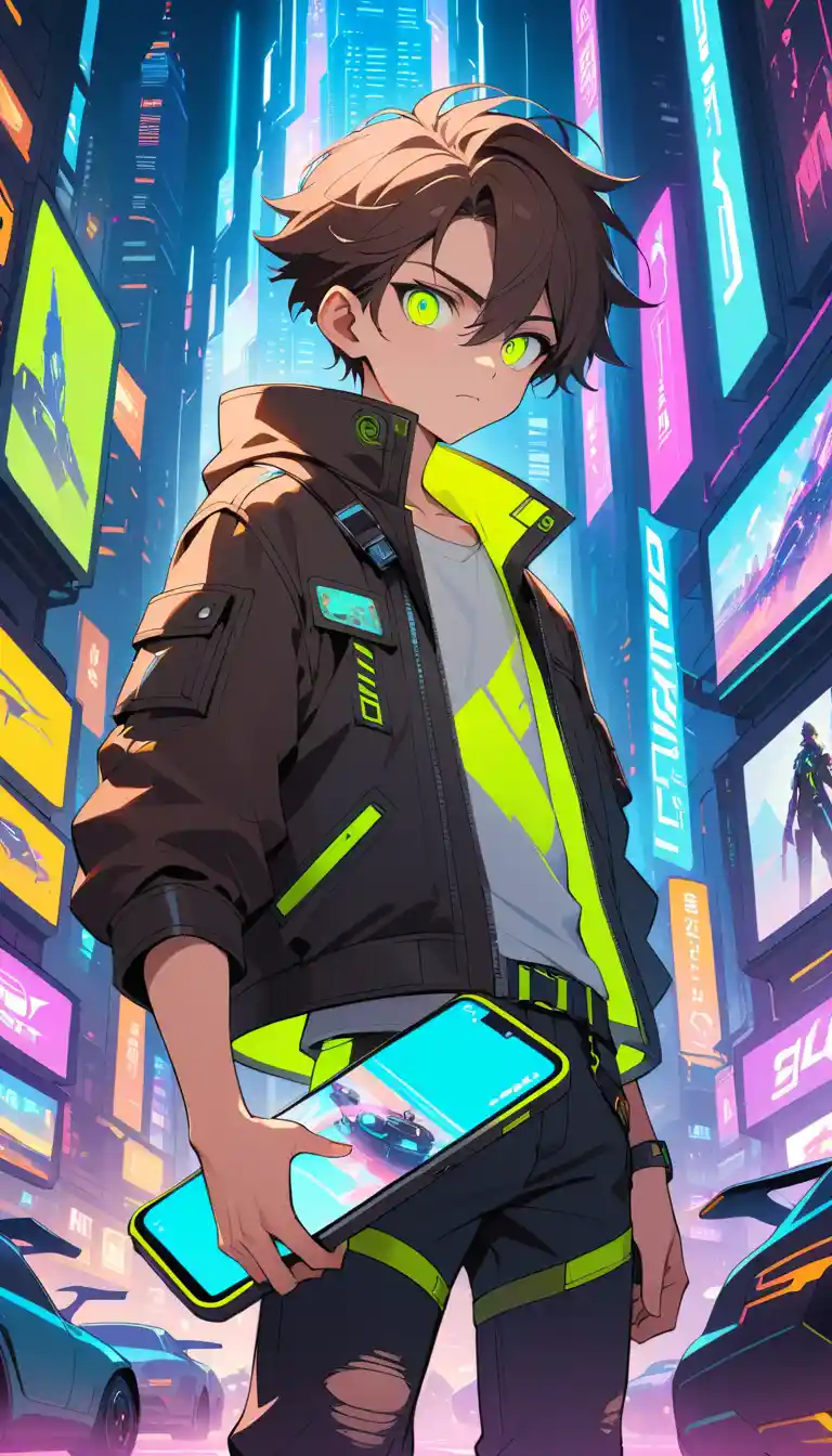 Ragazzo adolescente in città cyberpunk al neon con gadget