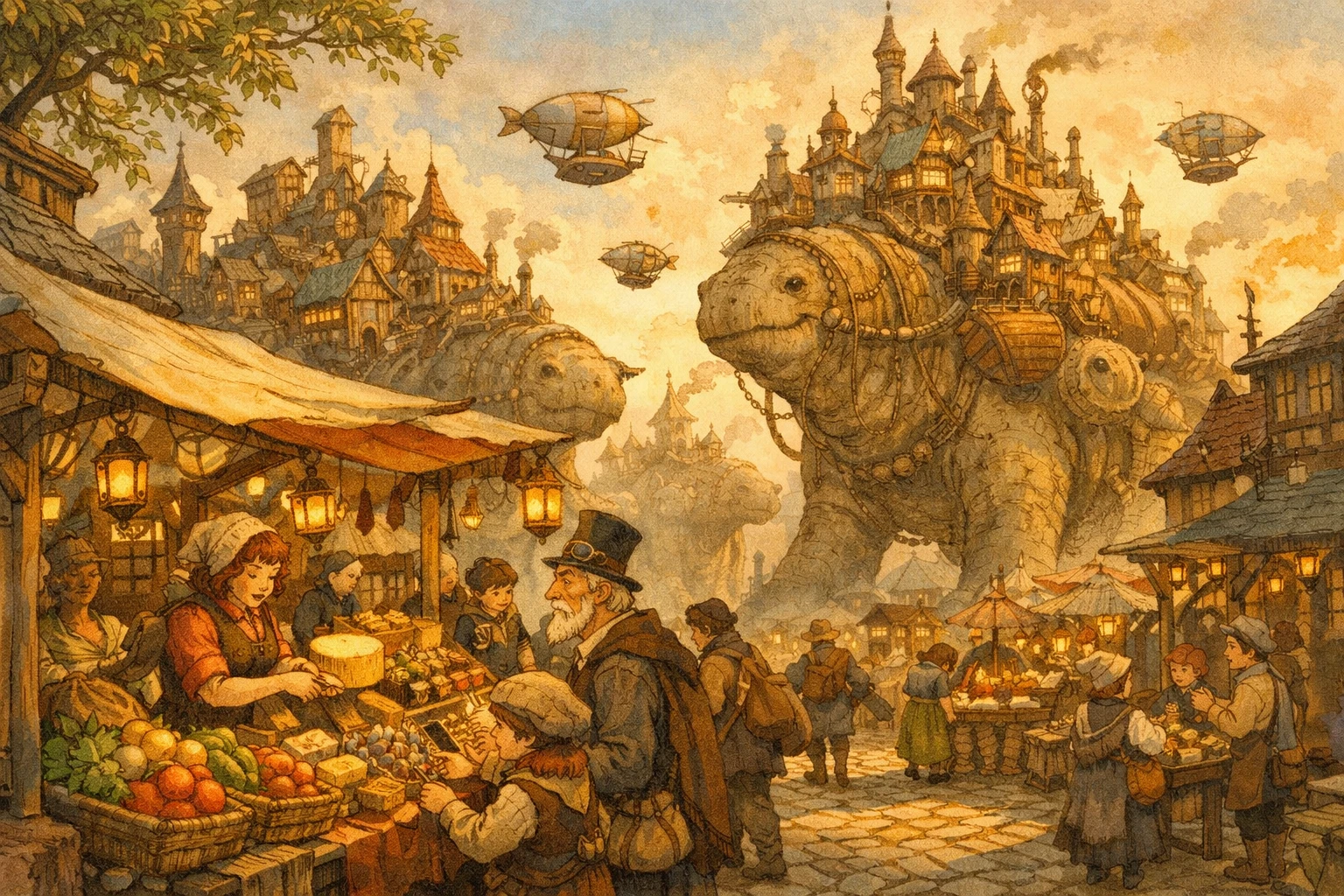 Ville fantastique et féerique sur de doux colosses au crépuscule