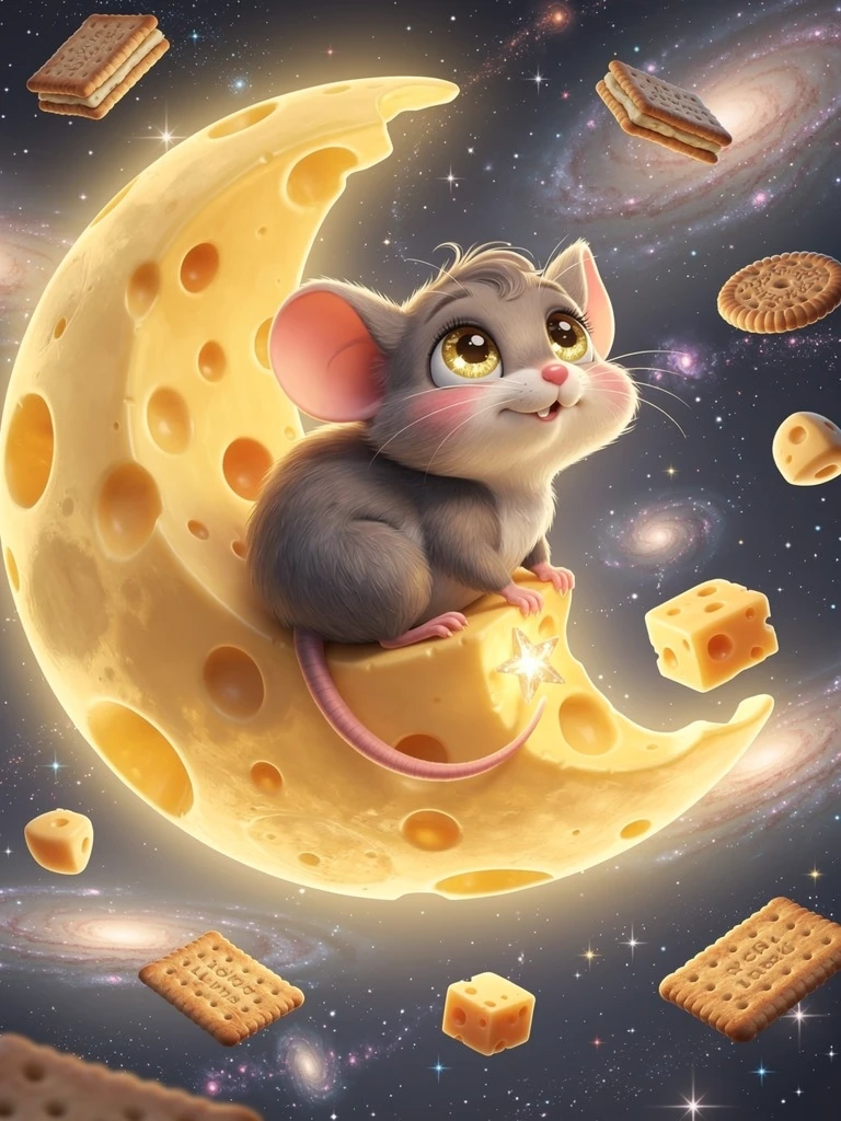 Tiny baby mouse sleeping on a whimsical cheese moon