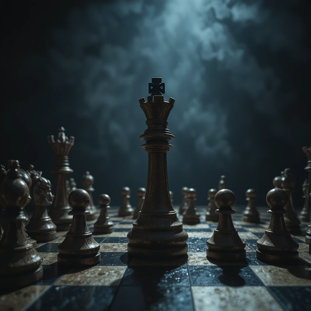 黑暗棋盤上，西洋棋皇后俯視倒下的國王