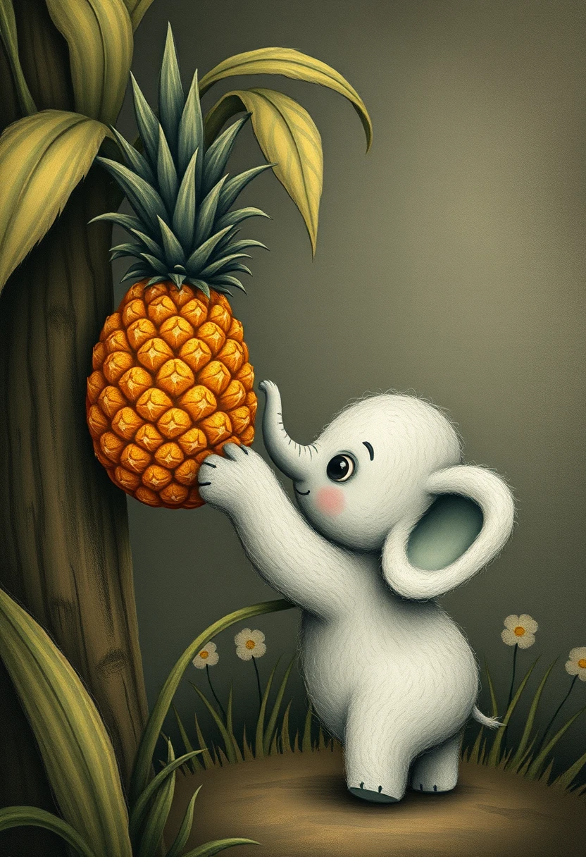Cute woolen elephant reaching for pineapple on tree