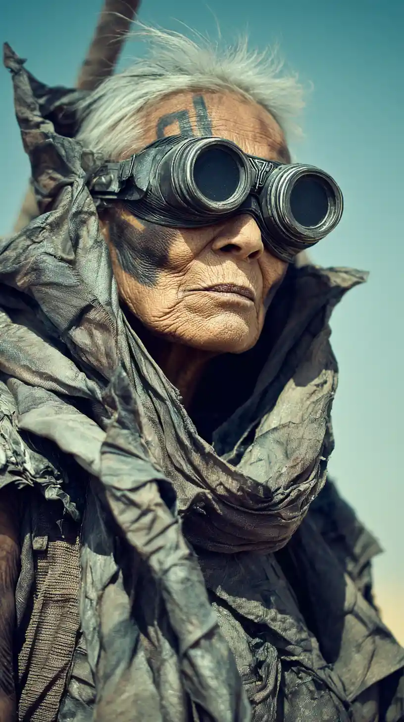 Old woman in sci fi mask standing in apocalyptic desert