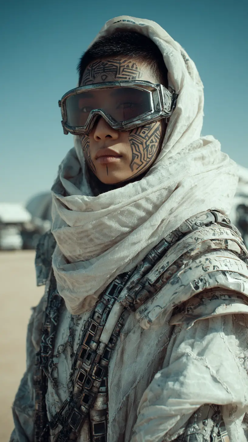 Bald Asian woman in mask standing in apocalyptic desert