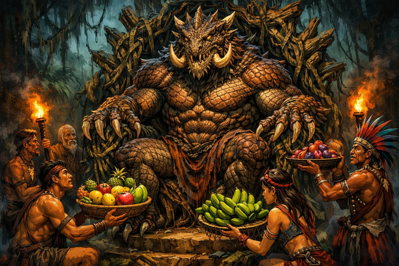 Reptilian jungle overlord worshiped by terrified villagers