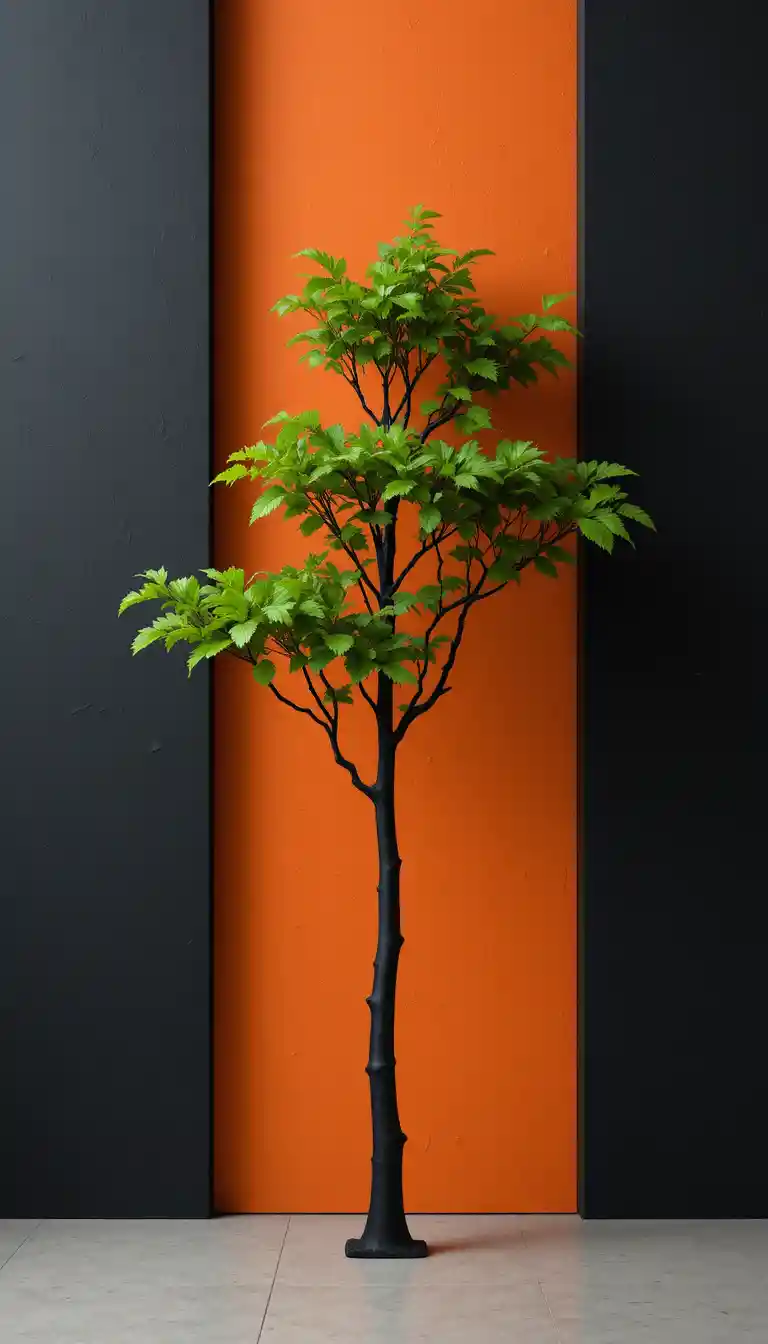 Minimalist black tree against divided black and orange background
