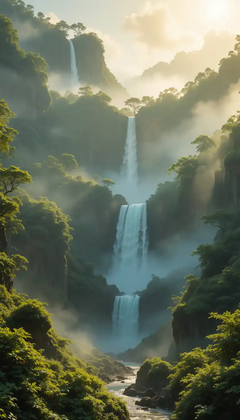 霧氣瀰漫的翡翠山谷與光輝瀑布