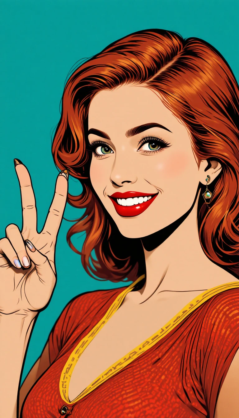 Red haired girl making a peace sign in vector pop art