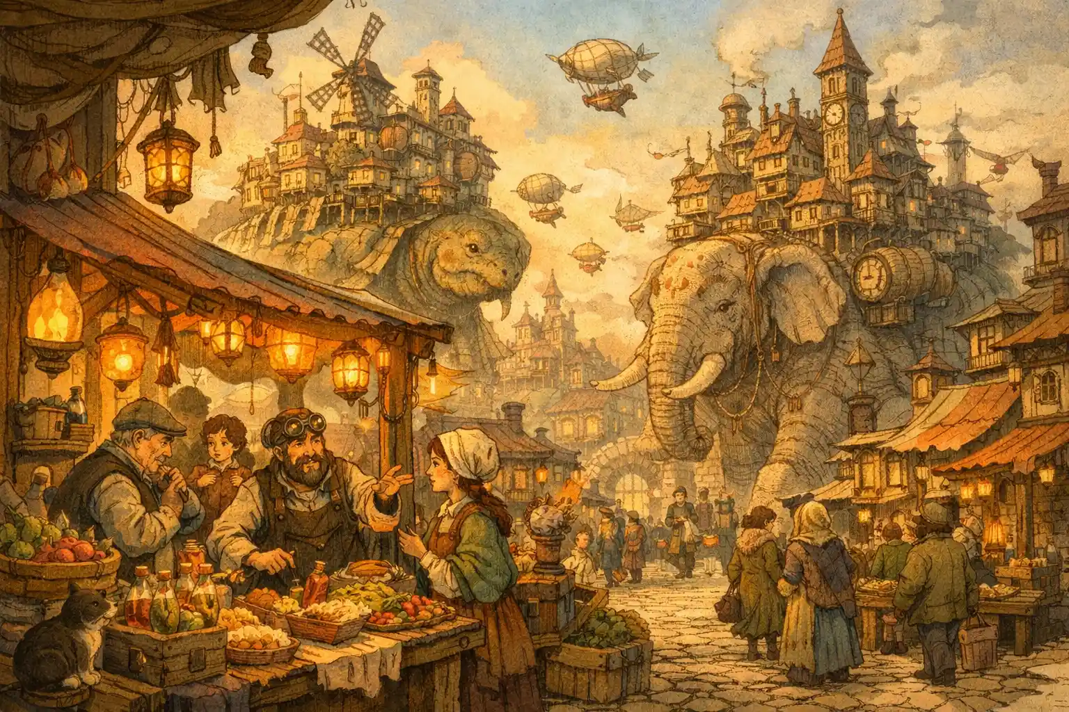 Whimsical steampunk city perched on gentle giant backs