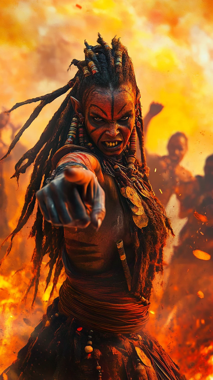 Defiant warrior woman pointing forward in blazing battle
