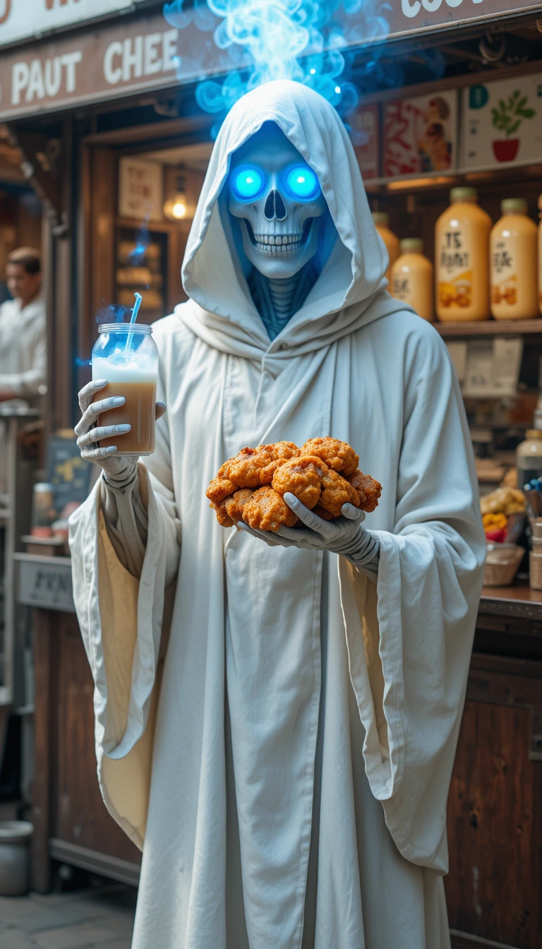 Glowing skeleton in white robes holding milk tea and chicken
