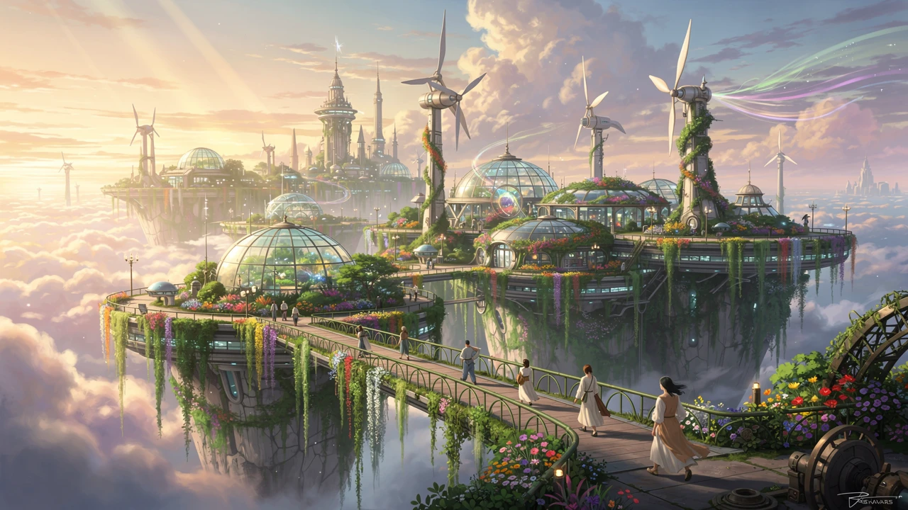 Ciudad solarpunk flotante con exuberantes jardines verticales en el cielo