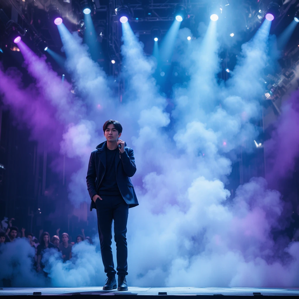 Male singer performing on stage with dramatic lighting