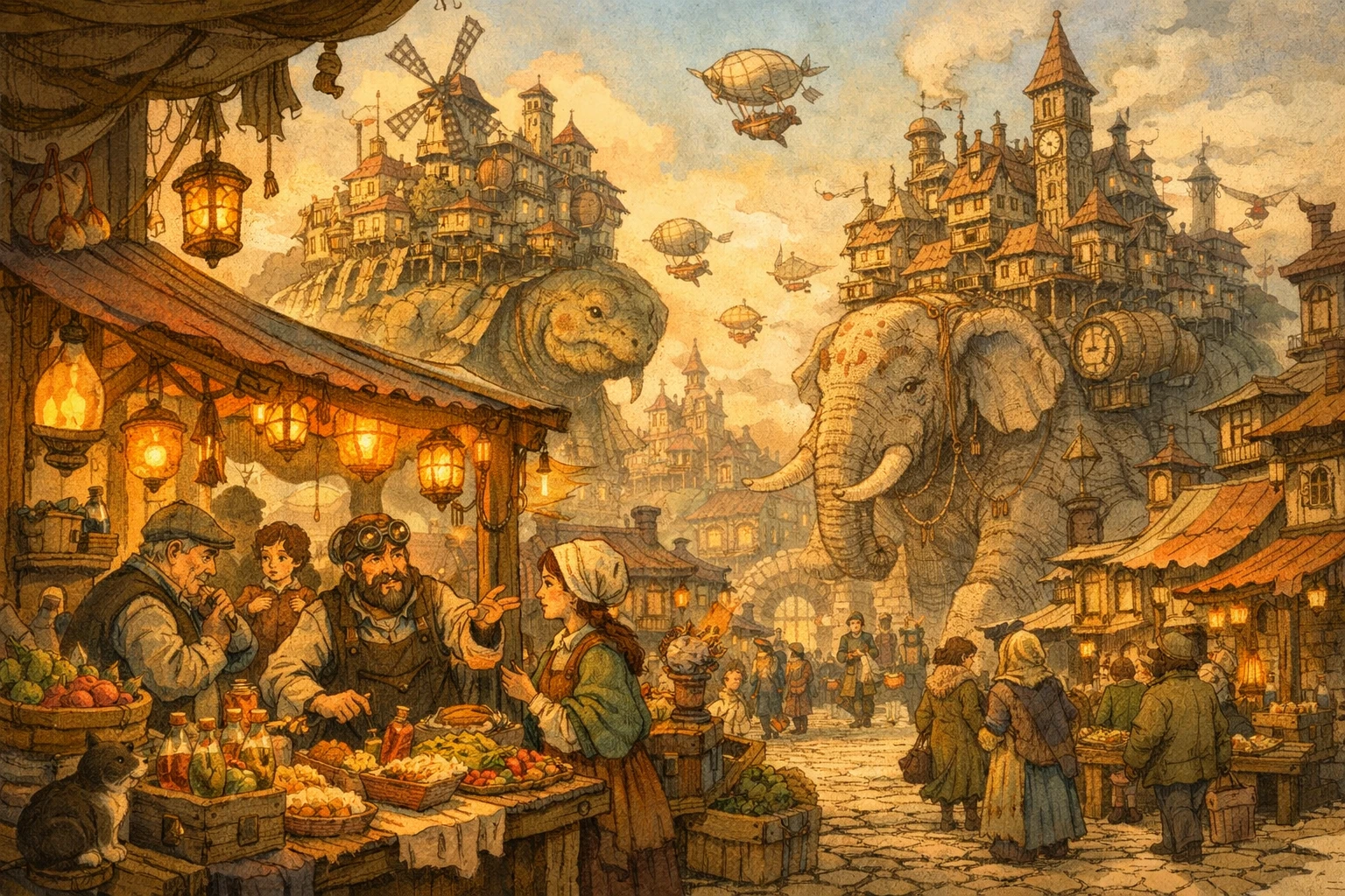 Whimsical steampunk city perched on gentle giant backs