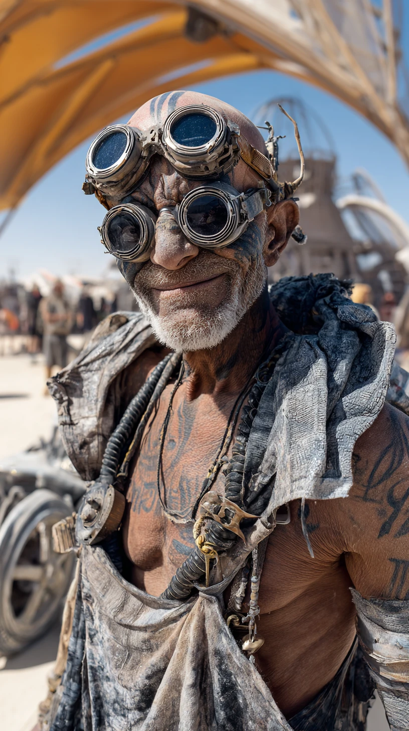 Old man in a post apocalyptic desert with mask and cloak