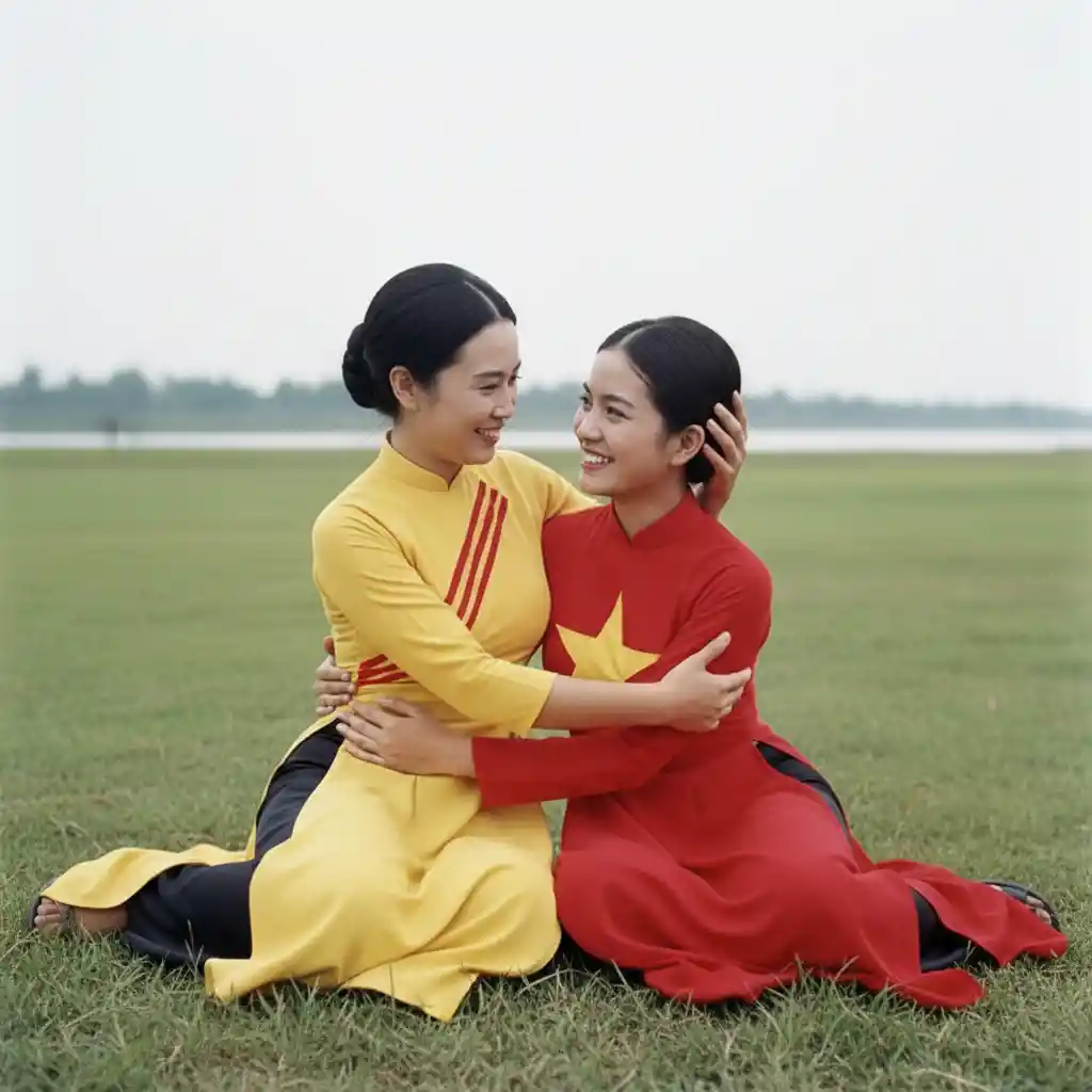 Two young Vietnamese sisters talking on a riverside field