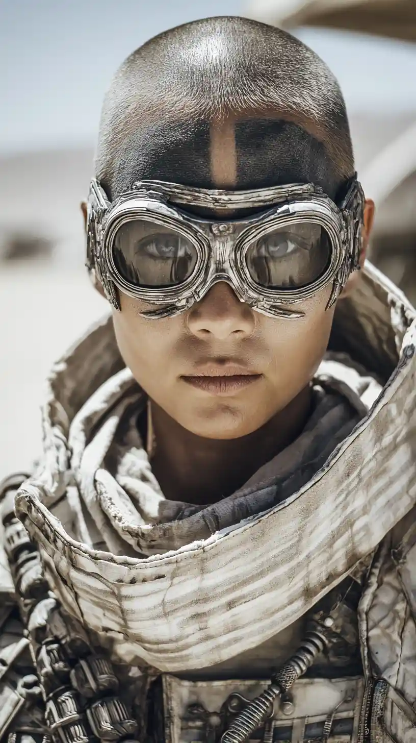 Alien woman with open mask in post apocalyptic desert