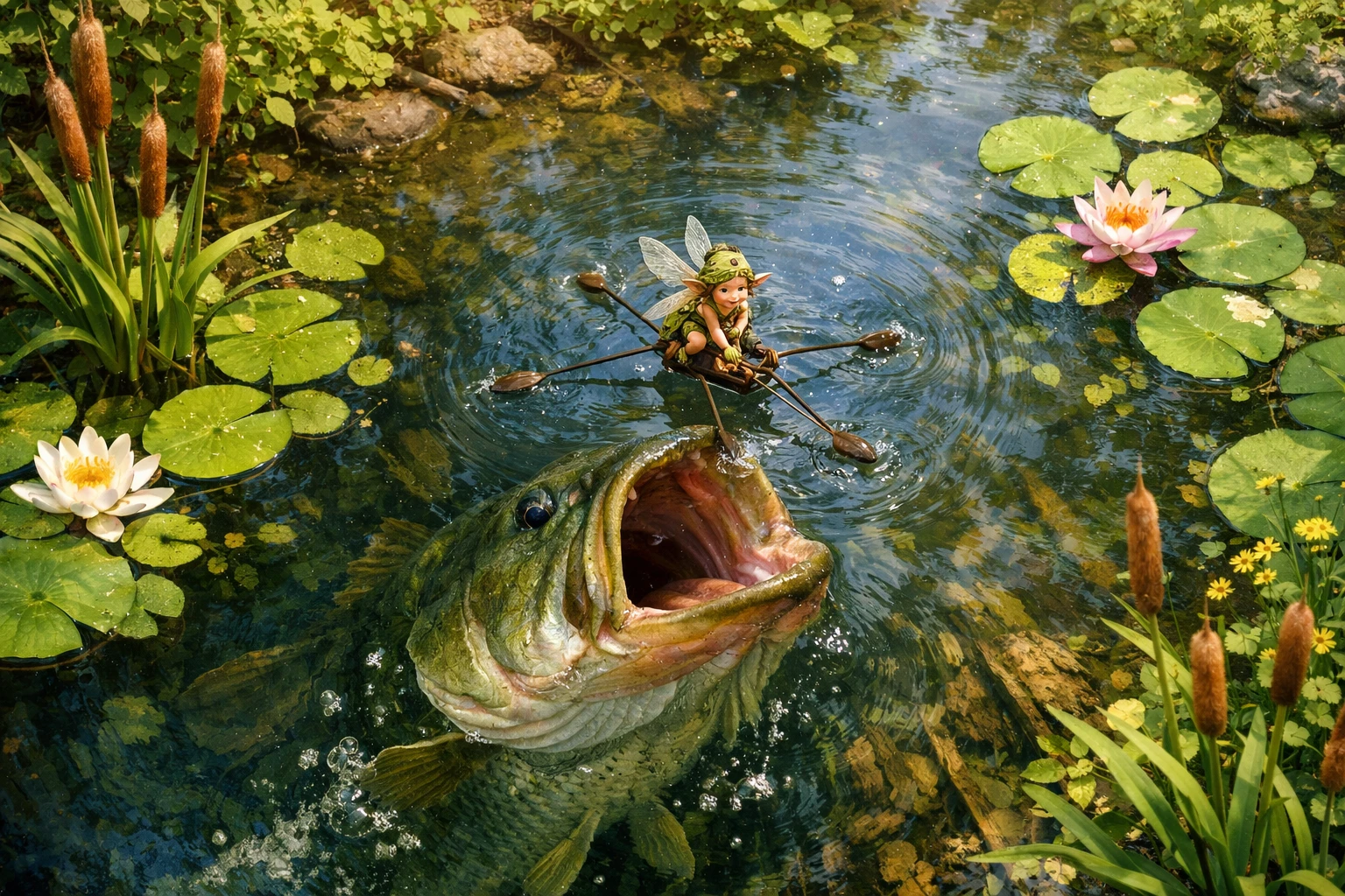 Cute forest pixie riding a water skimmer on a pond