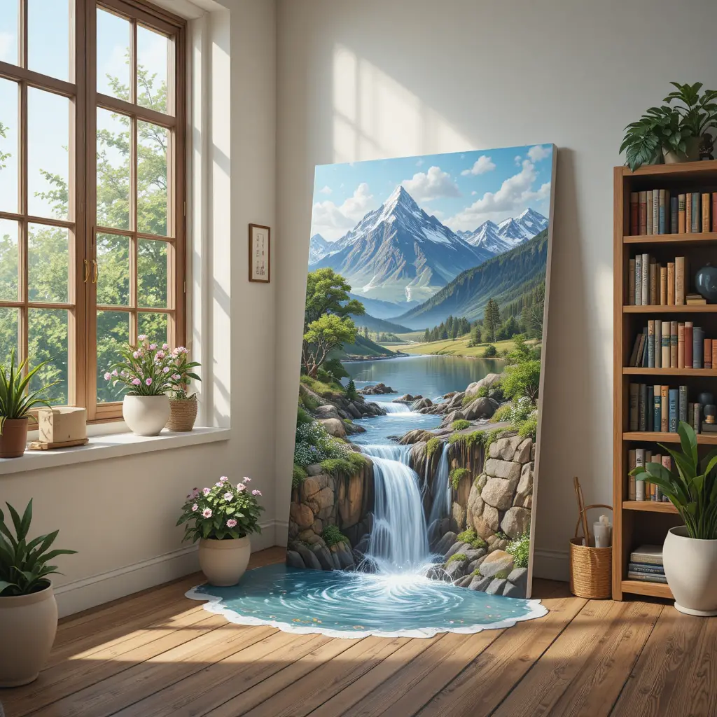 Sala de estar surreal con escena de montaña en lienzo que inunda el suelo