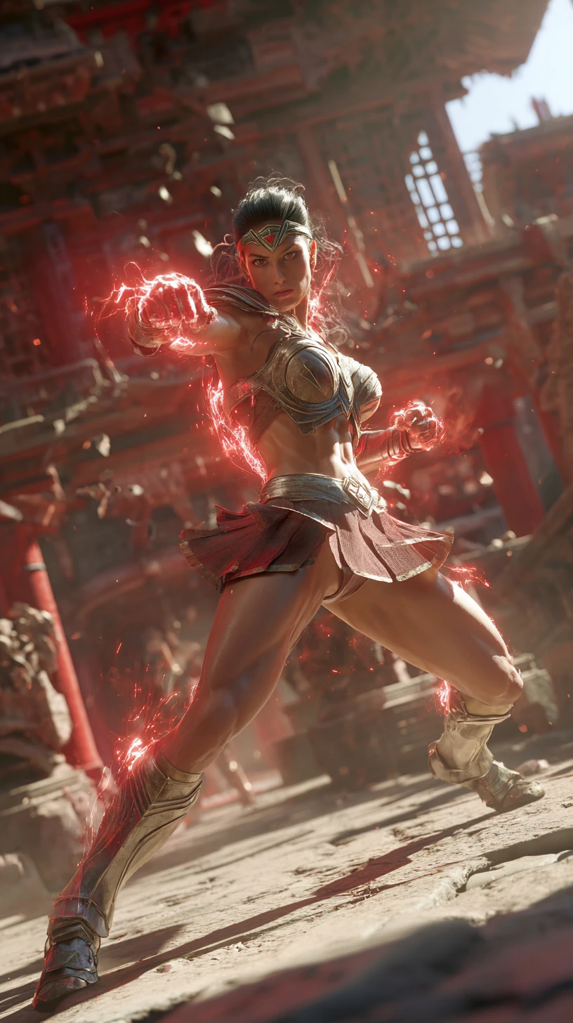 Saiyan warrior woman charging in ruined temple at sunset