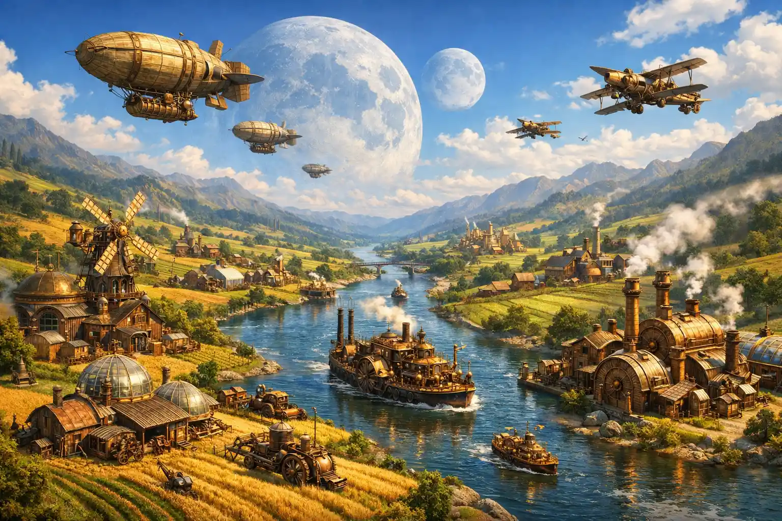 Valle steampunk con aeronavi sopra un fiume illuminato dal sole