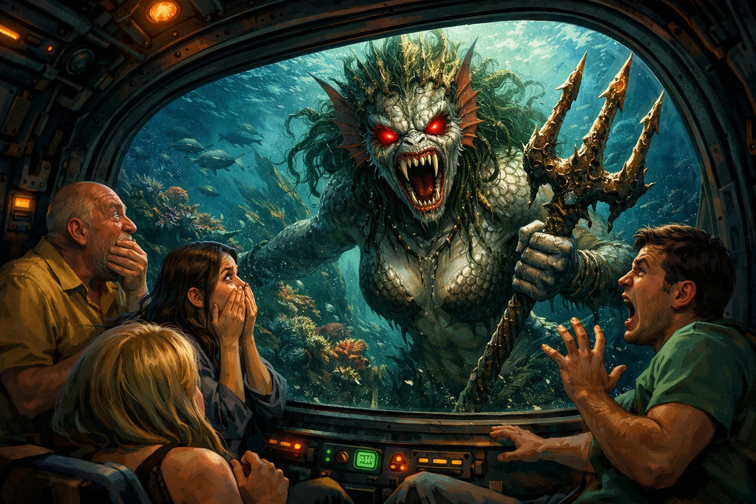 Terrified tourists confront a sinister mermaid outside submarine window