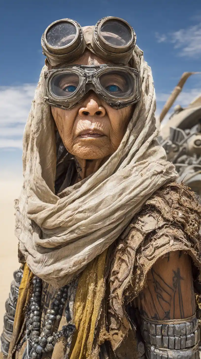 Bald sci fi woman in tattered cloak in desert wasteland