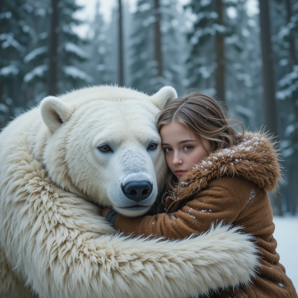 Young girl cuddling a polar bear in a snowy forest