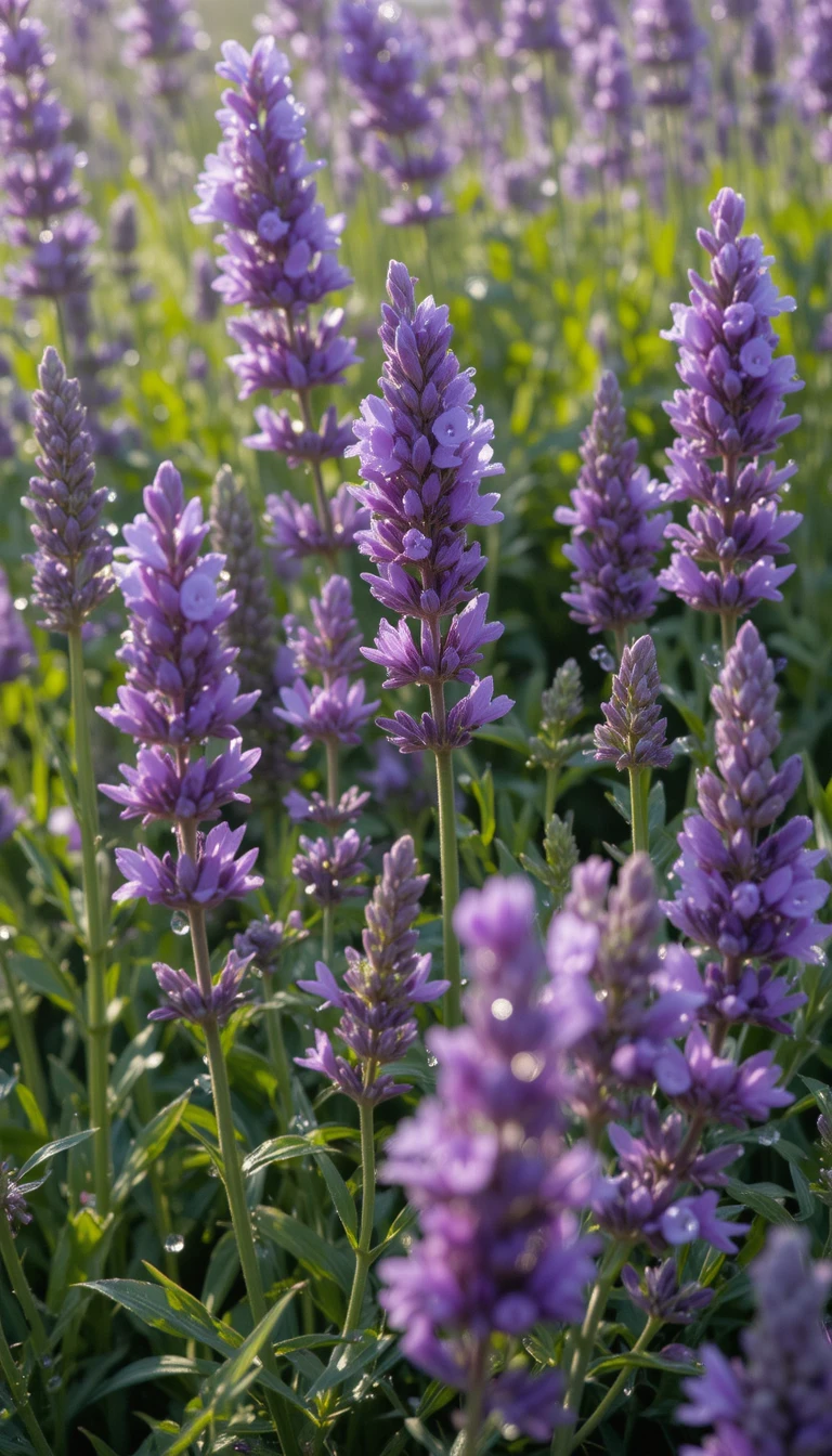 Serene Lavender Garden With Dewy Petals In Morning Light