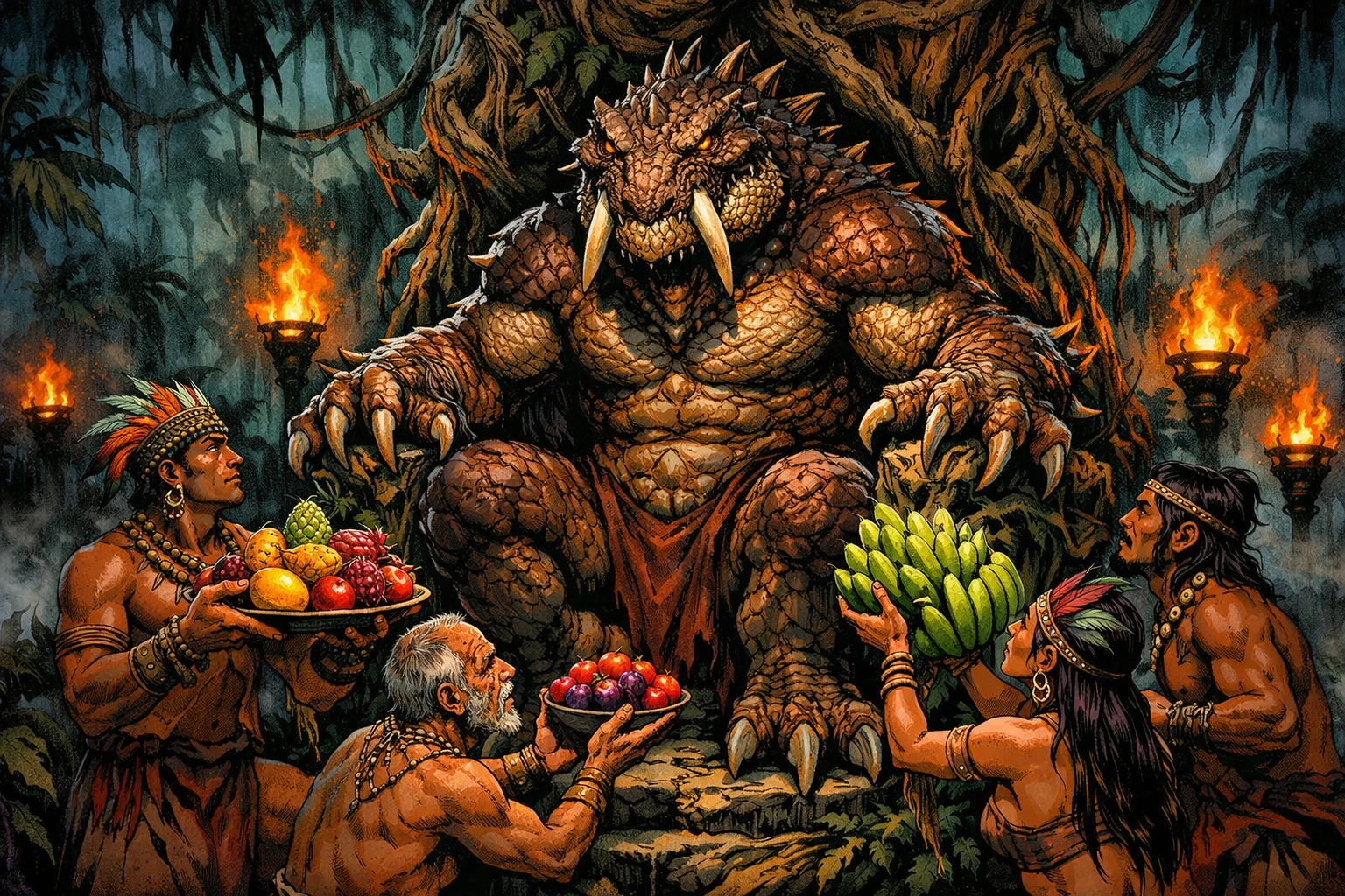 Reptilian jungle tyrant worshiped by fearful villagers