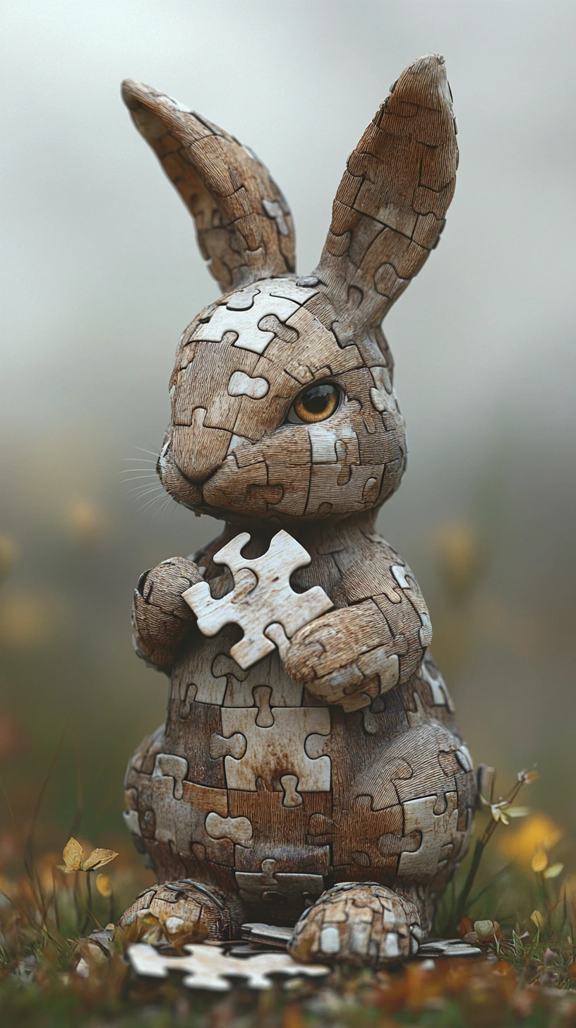 Melancholisches Puzzle-Hasenstück in weicher Nahaufnahme