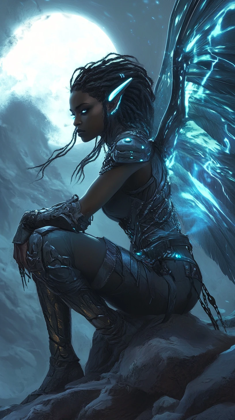 Dark fairy warrior crouching on moonlit rocky cliffs
