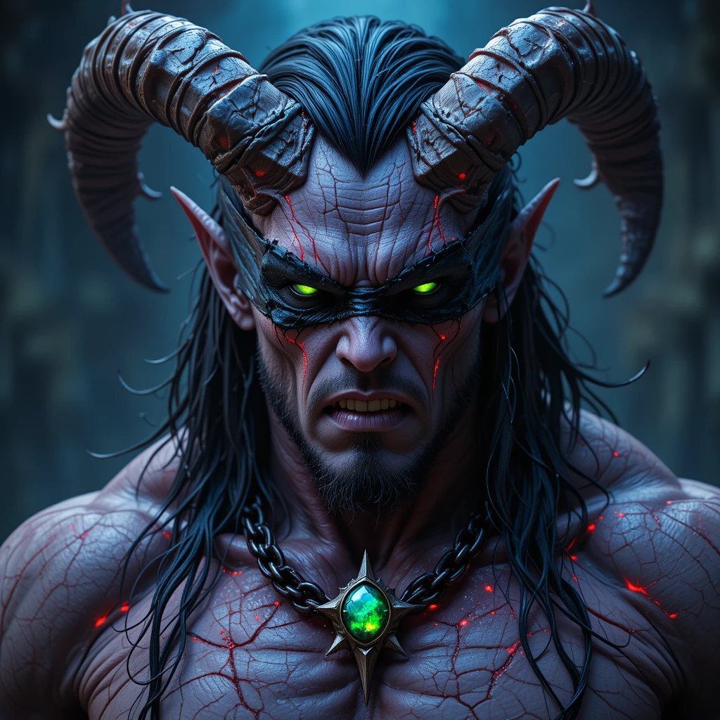 Intense demonic warrior close up with glowing green eyes