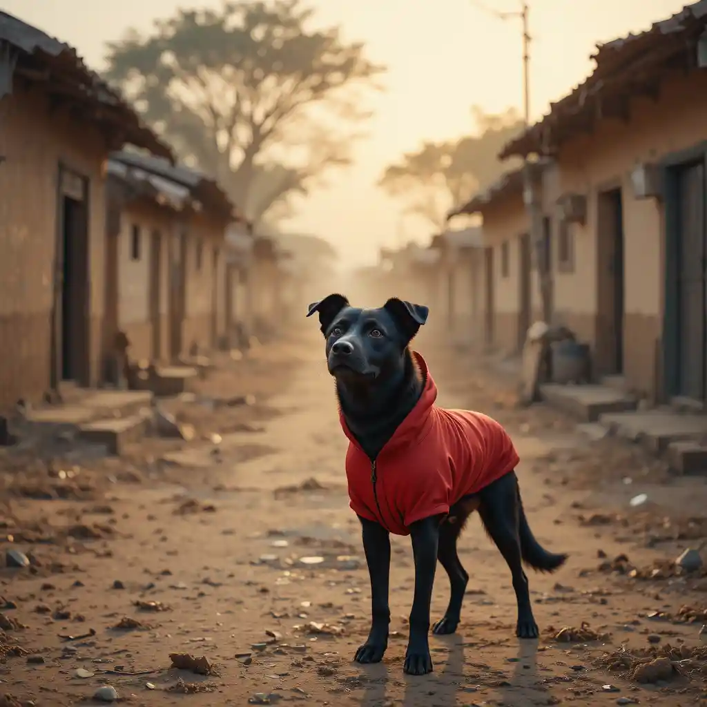 Chien noir en veste rouge dans une ruelle de village paisible au lever du soleil