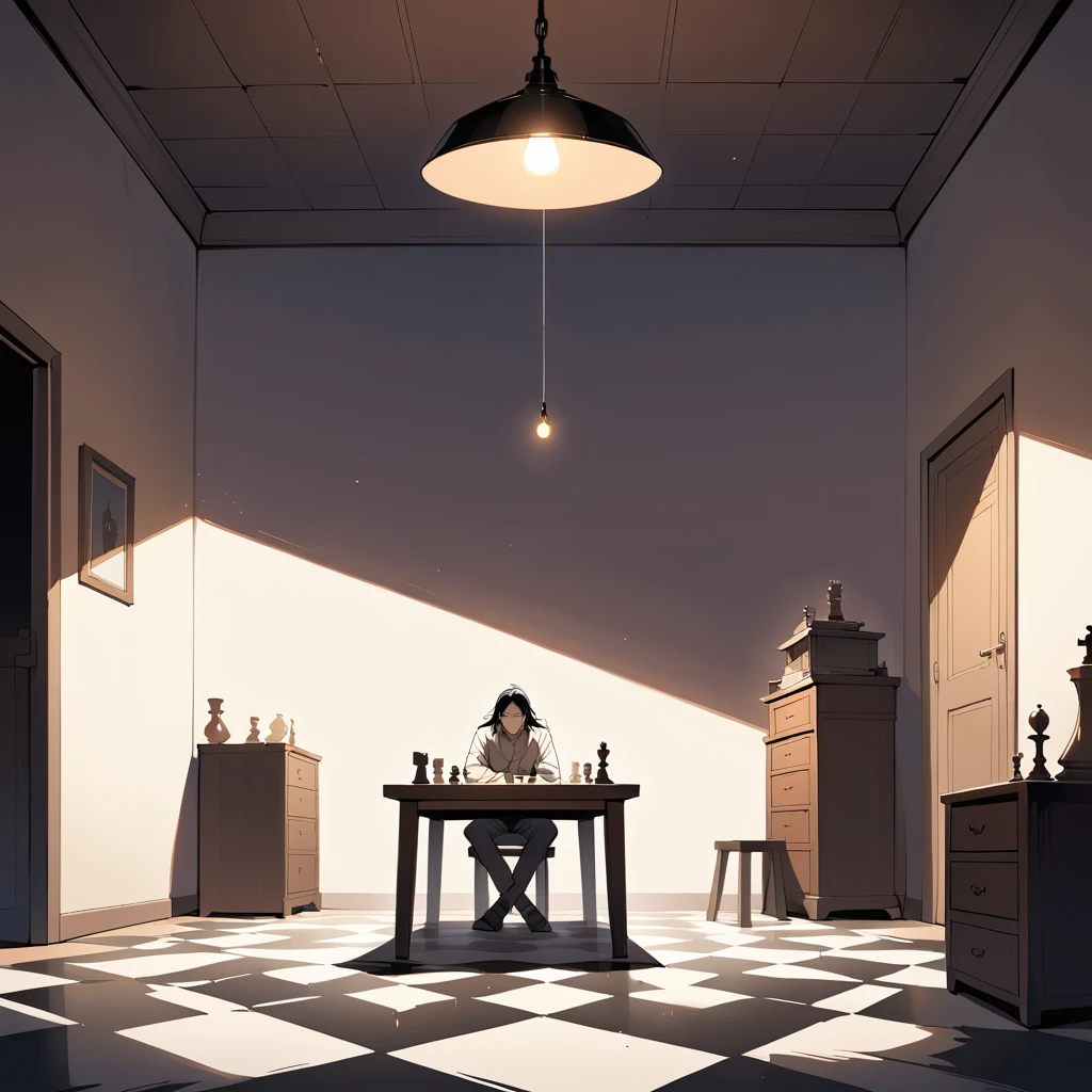 Man Sitting At Chessboard Under Dim Ceiling Light