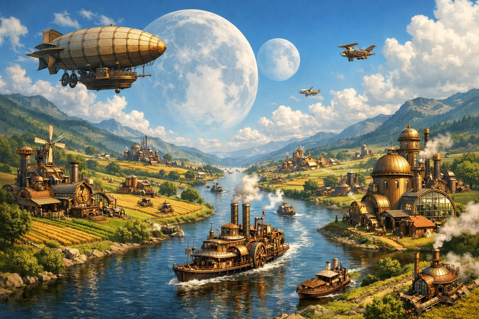 Vallée steampunk ensoleillée avec des dirigeables au-dessus d’une rivière sinueuse