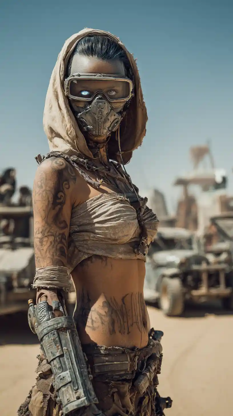 Bald sci fi woman with mask standing in desert camp