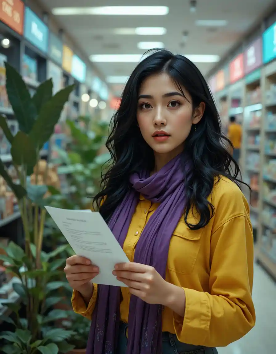 Surprised woman holding paper in bright shopping mall